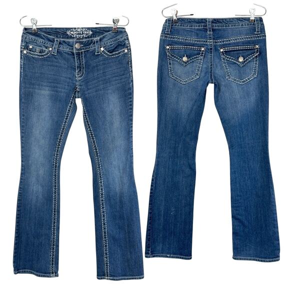 VTG Y2k Bling Low Rise Bootcut Jeans Paisley Sky 4 Stretch Cowgirl Boho Western - Picture 2 of 16